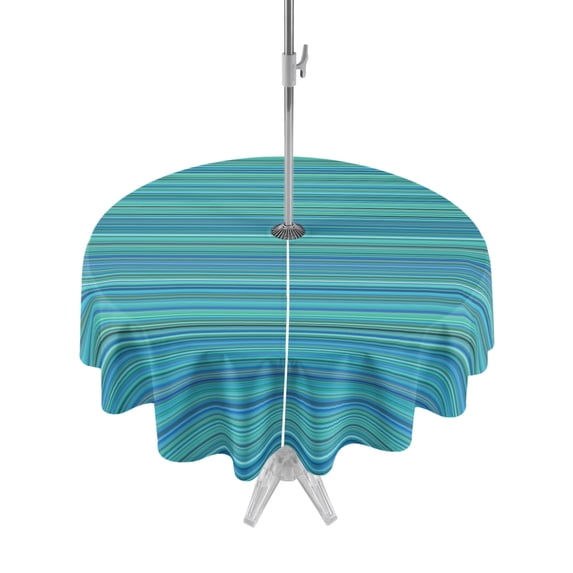 Outdoor Tablecloth with Umbrella Hole Zipper Teal Blue Striped Round Tablecloth 60" Waterproof Outside Table Cloth Thin Line Geometric Patio Table Cover Tablecloths for Picnic Party