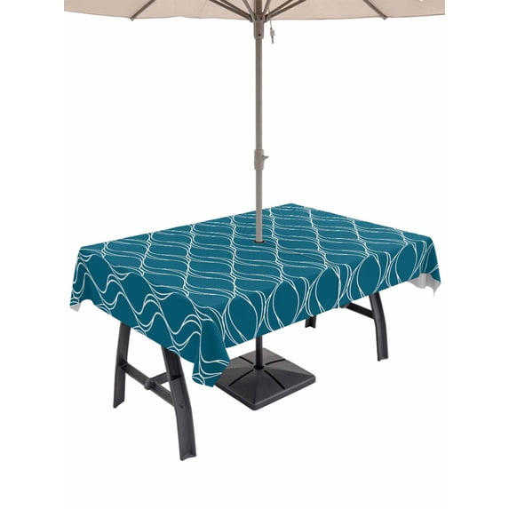 Outdoor Tablecloth with Umbrella Hole and Zipper, Teal Blue Stripes Rectangle Table Cloth 60x102 Inch Waterproof Tablecloth, Simple Geometric Modern Monochrome Picnic Table Cover for Patio Camping