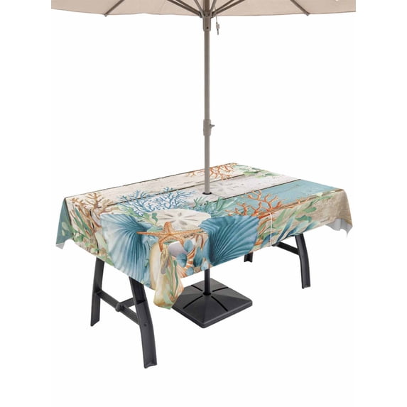 Outdoor Tablecloth with Umbrella Hole and Zipper, Teal Brown Beach Coastal Rectangle Table Cloth 52x70 Inch Waterproof Tablecloth, Summer Nautical Coral Shell Botanical Vintage Picnic Table Cover