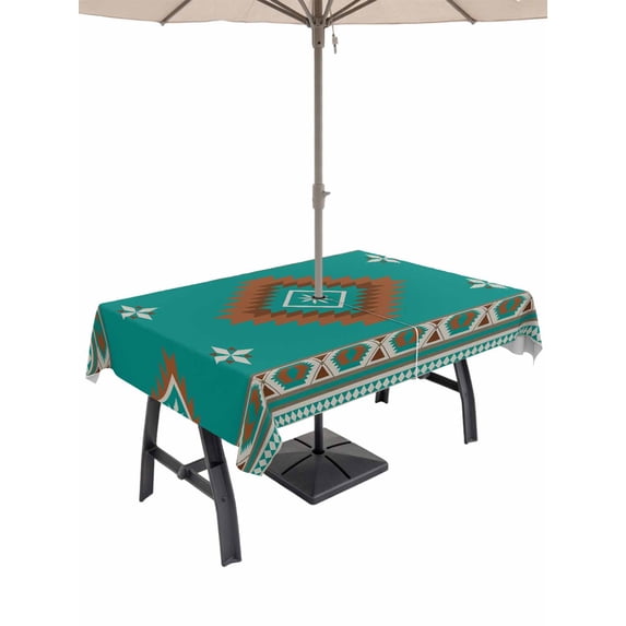 Outdoor Tablecloth with Umbrella Hole and Zipper, Teal Brown Boho Rectangle Table Cloth 60x120 Inch Waterproof Tablecloth, Abstract Aztec Tribe Ethnic Geometric Picnic Table Cover for Patio Camping