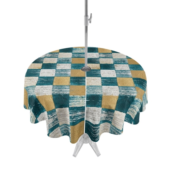 Outdoor Tablecloth with Umbrella Hole Zipper Teal Brown Buffalo Plaid Round Tablecloth 54" Waterproof Outside Table Cloth Modern Abstract Art Checkered Patio Table Cover Tablecloths for Picnic Party