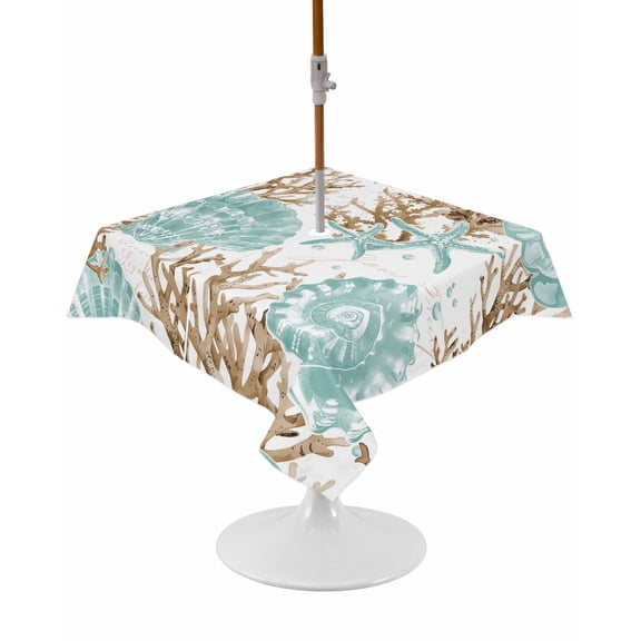 Outdoor Tablecloth with Umbrella Hole and Zipper Teal Brown Starfish Conch Square Tablecloths 54x54 Inch Waterproof Table Cloths Coral Shell Patio Table Cover for Outdoor Tables Picnic BBQS Party
