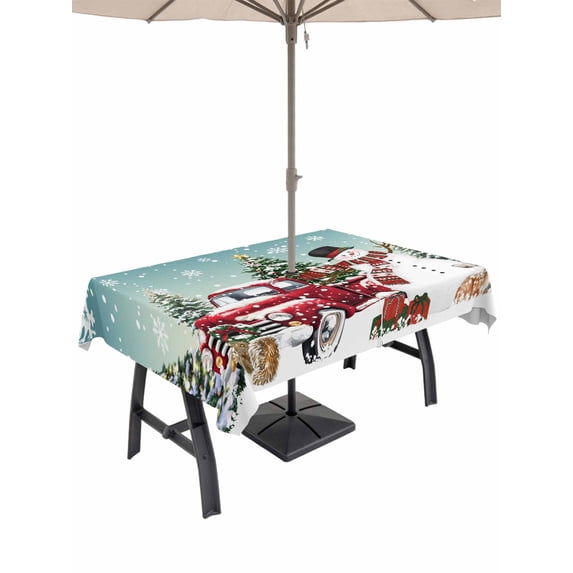 Outdoor Tablecloth with Umbrella Hole and Zipper, Teal Christmas Snowman Rectangle Table Cloth 54x80 Inch Waterproof Tablecloth, Xmas Truck Tree Snowflake Picnic Table Cover for Patio Camping
