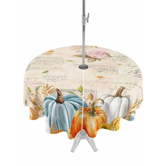 Outdoor Tablecloth with Umbrella Hole and Zipper, Teal Golden-Yellow Pumpkins Fall Round Table Cloth 54 Inch Waterproof Tablecloth, Thanksgiving Leaves Botanical Picnic Table Cover for Patio Camping