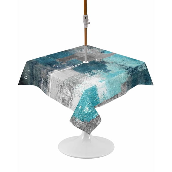 Outdoor Tablecloth with Umbrella Hole and Zipper Teal Gray Block Square Tablecloths 54x54 Inch Waterproof Table Cloths Abstract Art Patio Table Cover for Outdoor Tables Picnic BBQS Party Decor