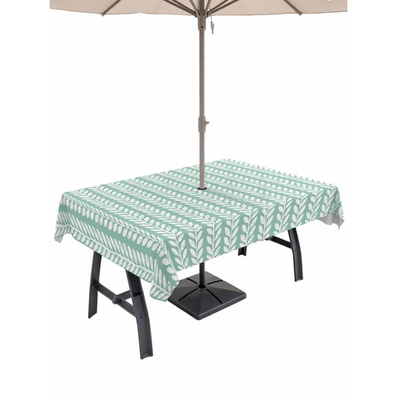 Outdoor Tablecloth with Umbrella Hole & Zipper, Teal Green Botanical Rectangle Tablecloth 60x84 Inch, Farmhouse Modern Striped Leaf Patio Table Cover Waterproof Table Cloth for Picnic/Party