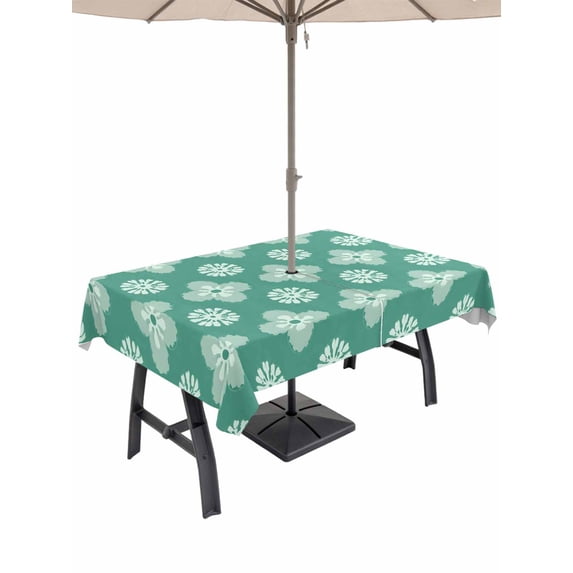 Outdoor Tablecloth with Umbrella Hole and Zipper, Teal Green Floral Rectangle Table Cloth 60x84 Inch Waterproof Tablecloth, Spring Flowers Modern Abstract Art Farmhouse Picnic Table Cover for Patio