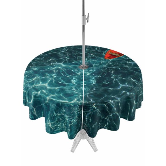 Outdoor Tablecloth with Umbrella Hole and Zipper, Teal Green Ocean Waves Round Table Cloth 54 Inch Waterproof Tablecloth, Red Boat Coastal Picnic Table Cover for Patio Camping