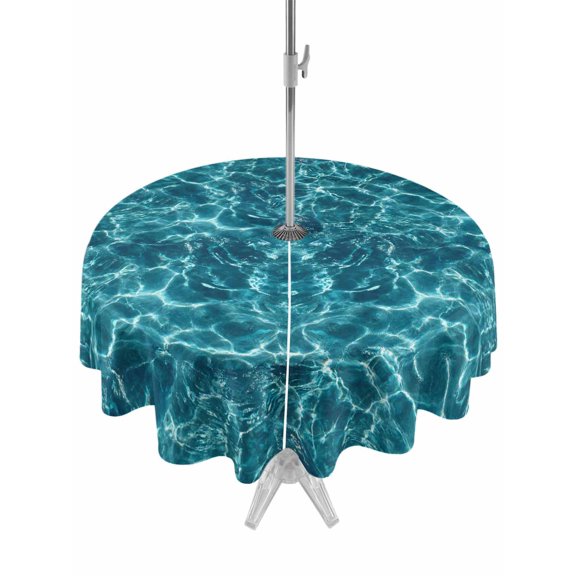 Outdoor Tablecloth with Umbrella Hole Zipper Teal Green Ocean Waves Round Tablecloth 54" Waterproof Outside Table Cloth Summer Sea Pool Patio Table Cover Tablecloths for Picnic Party