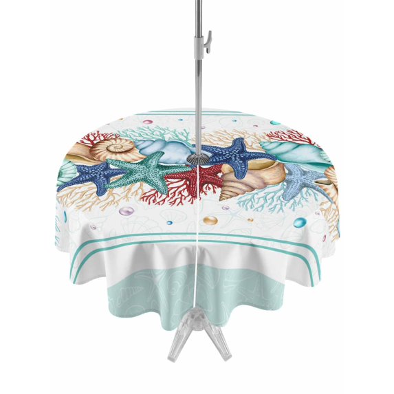 Outdoor Tablecloth with Umbrella Hole and Zipper, Teal Green Starfish Round Table Cloth 60 Inch Waterproof Tablecloth, Summer Coral Beach Conch Coastal Picnic Table Cover for Patio Camping