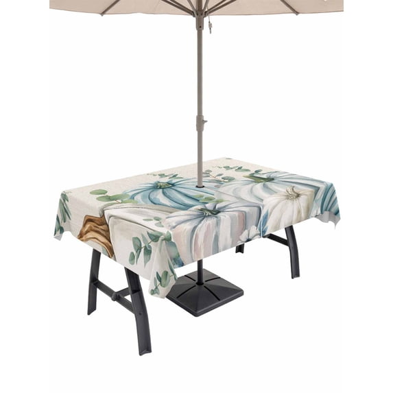Outdoor Tablecloth with Umbrella Hole and Zipper, Teal Grey Pumpkin Fall Rectangle Table Cloth 60x102 Inch Waterproof Tablecloth, Thanksgiving Eucalyptus Leaves Picnic Table Cover for Patio Camping
