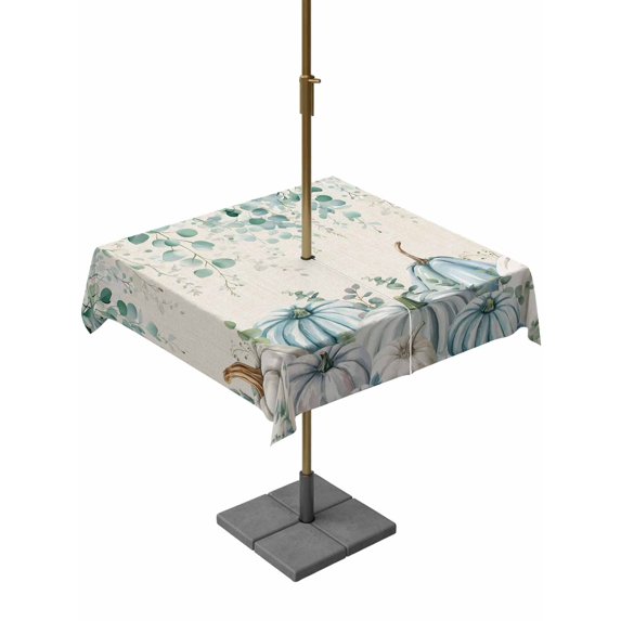 Outdoor Tablecloth with Umbrella Hole and Zipper, Teal Grey Pumpkin Fall Square Table Cloth 60x60 Inch Waterproof Tablecloth, Thanksgiving Eucalyptus Leaves Picnic Table Cover for Patio Camping