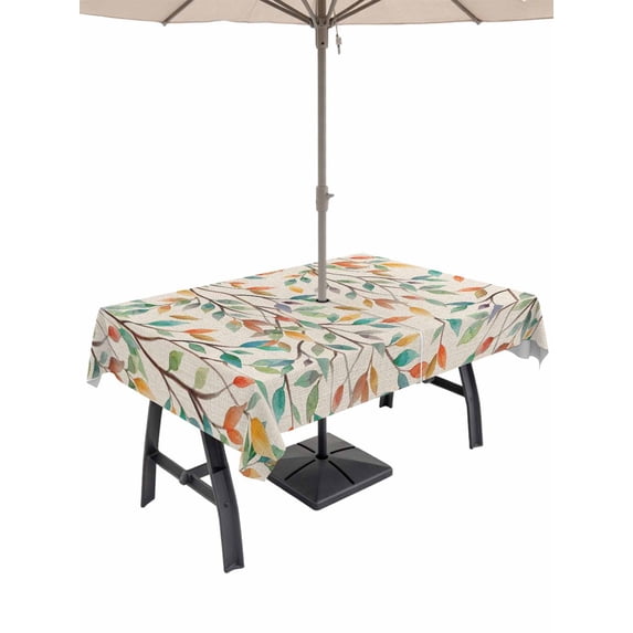 Outdoor Tablecloth with Umbrella Hole and Zipper, Teal Orange Eucalyptus Rectangle Table Cloth 60x120 Inch Waterproof Tablecloth, Spring Botanical Leaves Picnic Table Cover for Patio Camping