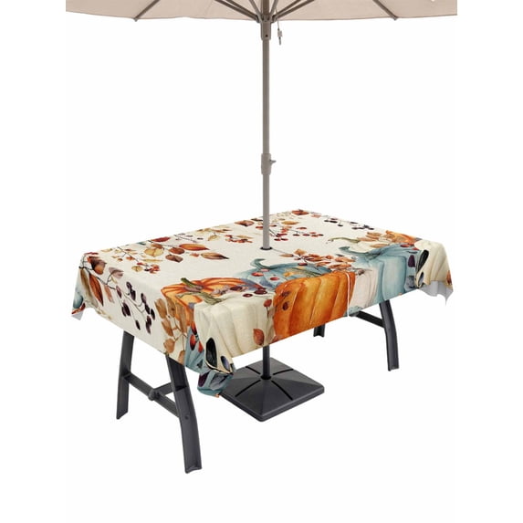 Outdoor Tablecloth with Umbrella Hole and Zipper, Teal Orange Pumpkins Fall Rectangle Table Cloth 60x84 Inch Waterproof Tablecloth, Thanksgiving Botanical Vintage Picnic Table Cover for Patio Camping