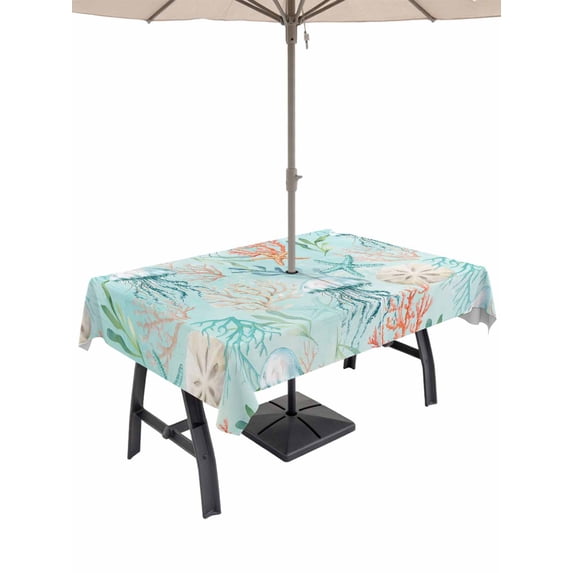 Outdoor Tablecloth with Umbrella Hole and Zipper, Teal Red Coastal Jellyfish Rectangle Table Cloth 60x84 Inch Waterproof Tablecloth, Summer Nautical Beach Coral Starfish Picnic Table Cover for Patio