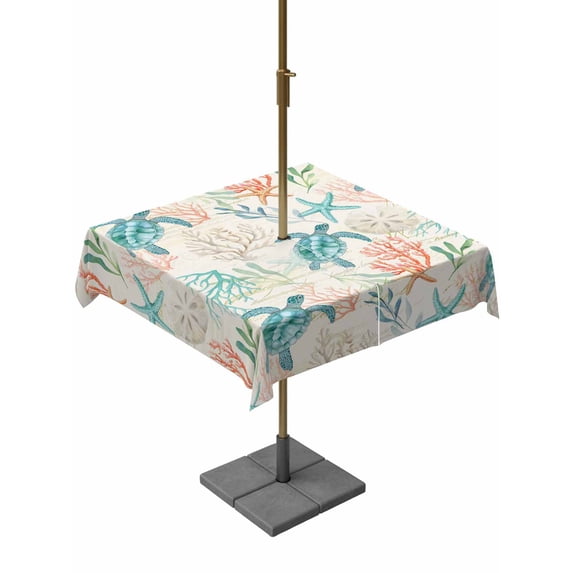 Outdoor Tablecloth with Umbrella Hole and Zipper, Teal Red Coastal Square Table Cloth 54x54 Inch Waterproof Tablecloth, Retro Beach Nautical Sea Turtle Coral Picnic Table Cover for Patio Camping