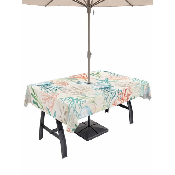 Outdoor Tablecloth with Umbrella Hole and Zipper, Teal Red Jellyfish Coastal Rectangle Table Cloth 60x84 Inch Waterproof Tablecloth, Nautical Beach Coral Starfish Picnic Table Cover for Patio Camping