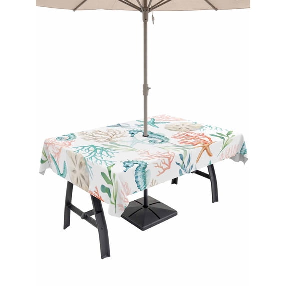 Outdoor Tablecloth with Umbrella Hole and Zipper, Teal Red Seahorse Coastal Rectangle Table Cloth 54x80 Inch Waterproof Tablecloth, Nautical Beach Coral Starfish Picnic Table Cover for Patio Camping