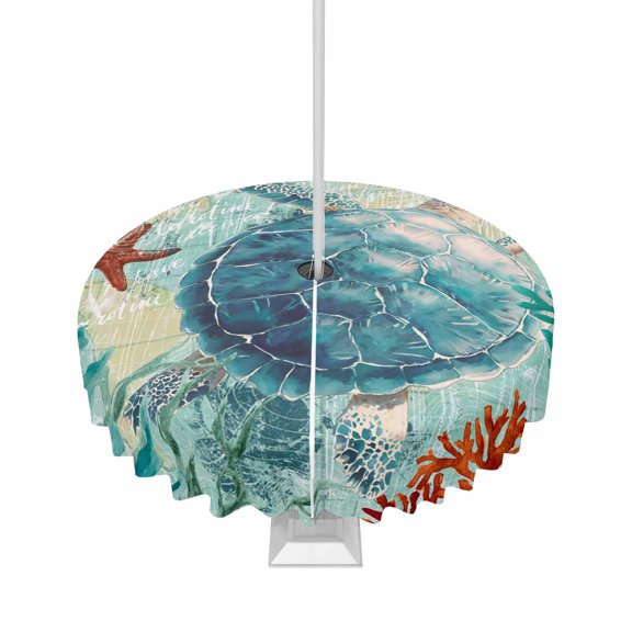 Outdoor Tablecloth with Umbrella Hole and Zipper Teal Sea Turtle Round Tablecloths 60 Inch Waterproof Anchor Coral Ocean Marine Life Patio Table Cover for Outdoor Tables Picnic BBQS Party Decor