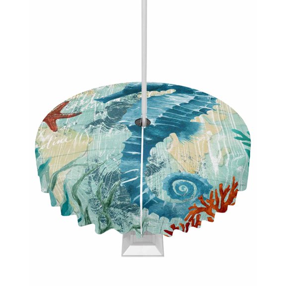 Outdoor Tablecloth with Umbrella Hole and Zipper Teal Seahorse Round Tablecloths 60 Inch Waterproof Anchor Coral Ocean Marine Life Patio Table Cover for Outdoor Tables Picnic BBQS Party Decor