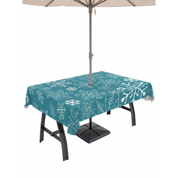 Outdoor Tablecloth with Umbrella Hole and Zipper, Teal Snowflake Christmas Rectangle Table Cloth 54x80 Inch Waterproof Tablecloth, Xmas Snowflake Picnic Table Cover for Patio Camping