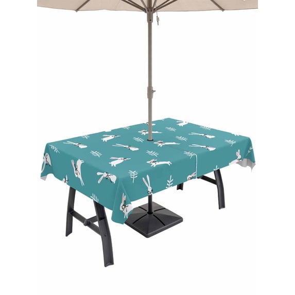 Outdoor Tablecloth with Umbrella Hole and Zipper, Teal Spring Easter Rectangle Table Cloth 54x80 Inch Waterproof Tablecloth, Cute Bunny Botanical Picnic Table Cover for Patio Camping