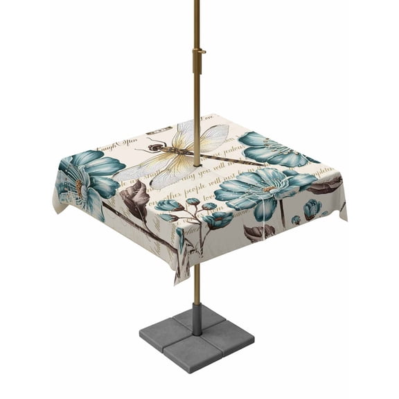 Outdoor Tablecloth with Umbrella Hole & Zipper, Teal Spring Floral Square Tablecloth 54x54 Inch, Retro Summer Botanical Dragonfly Patio Table Cover Waterproof Table Cloth for Picnic/Party