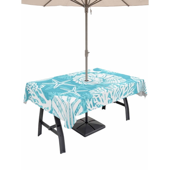 Outdoor Tablecloth with Umbrella Hole & Zipper, Teal Starfish Coastal Rectangle Tablecloth 60x84 Inch, Summer Coral Shell Beach Nautical Patio Table Cover Waterproof Table Cloth for Picnic/Party