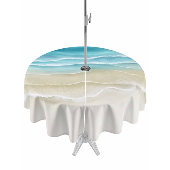 Outdoor Tablecloth with Umbrella Hole and Zipper, Teal Summer Beach Round Table Cloth 60 Inch Waterproof Tablecloth, Coastal Nautical Seaside Ocean Picnic Table Cover for Patio Camping
