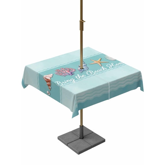 Outdoor Tablecloth with Umbrella Hole and Zipper, Teal Summer Coastal Square Table Cloth 60x60 Inch Waterproof Tablecloth, Modern Ocean Waves Starfish Shell Picnic Table Cover for Patio Camping