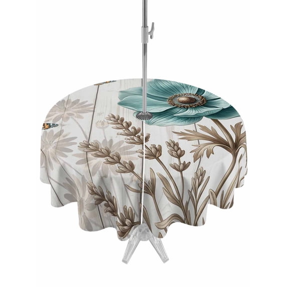 Outdoor Tablecloth with Umbrella Hole Zipper Teal Vintage Floral Round Tablecloth 60" Waterproof Outside Table Cloth Retro Flowers Wooden Butterfly Patio Table Cover Tablecloths for Picnic Party