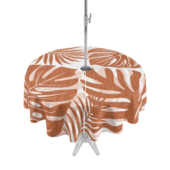 Outdoor Tablecloth with Umbrella Hole Zipper Terracotta Monstera Round Tablecloth 54" Waterproof Outside Table Cloth Palm Tree Leaf Boho Botanical Tropical Patio Table Cover Tablecloths for Picnic
