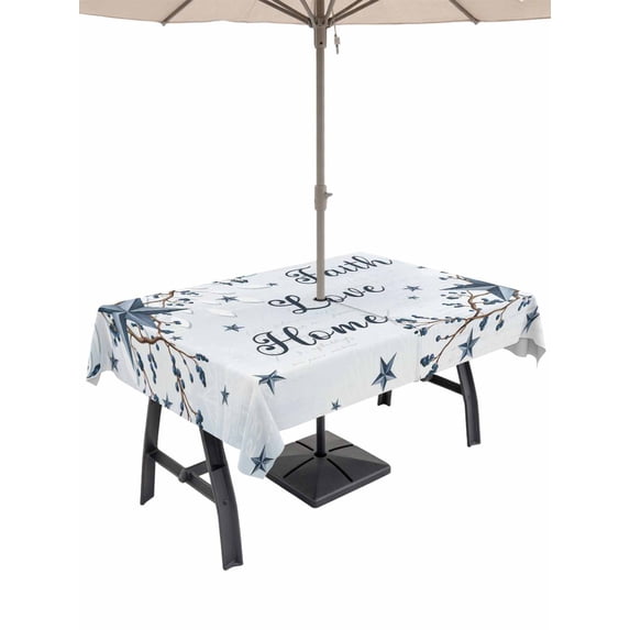 Outdoor Tablecloth with Umbrella Hole and Zipper, Texas Star Country Rectangle Table Cloth 60x120 Inch Waterproof Tablecloth, Blue Farmhouse Branches Picnic Table Cover for Patio Camping