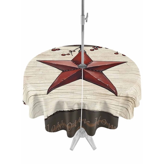 Outdoor Tablecloth with Umbrella Hole Zipper Texas Star Red Round Tablecloth 60" Waterproof Outside Table Cloth Farmhouse Berry Wooden Vintage Patio Table Cover Tablecloths for Picnic Party