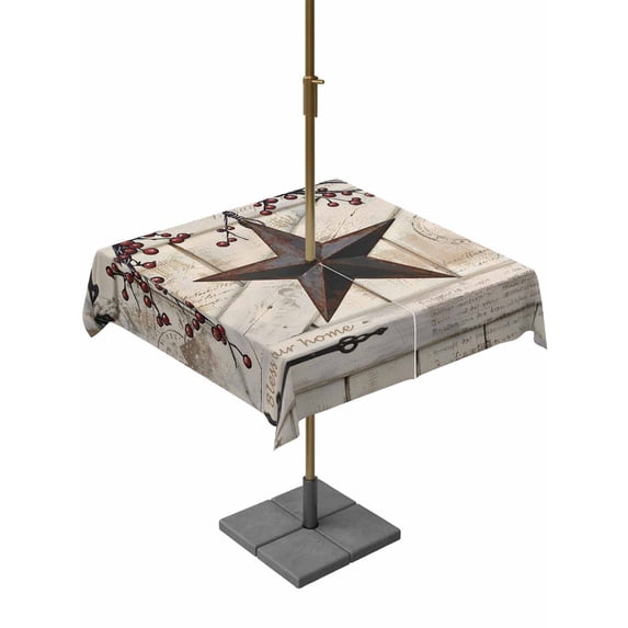 Outdoor Tablecloth with Umbrella Hole and Zipper, Texas Star Vintage Square Table Cloth 54x54 Inch Waterproof Tablecloth, Brown Retro Berry Beige Wooden Branches Picnic Table Cover for Patio Camping