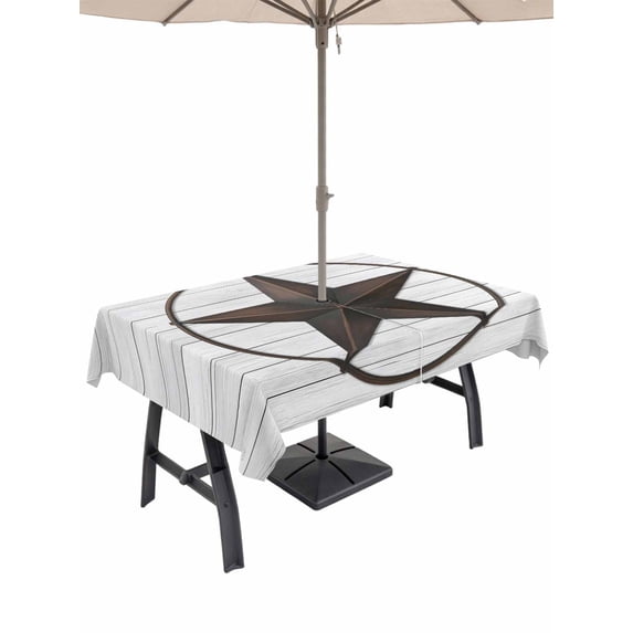 Outdoor Tablecloth with Umbrella Hole and Zipper, Texas Star Western Rectangle Table Cloth 60x120 Inch Waterproof Tablecloth, Brown Farm Country Gray Wooden Board Picnic Table Cover for Patio Camping