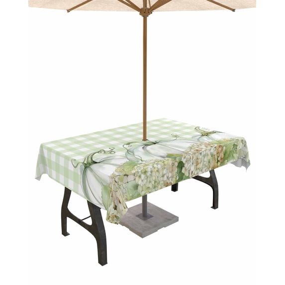 Outdoor Tablecloth with Umbrella Hole Zipper,Thanksgiving Autumn Pumpkins Waterproof Zippered Table Cloth for Rectangle Tables,Farm Hydrangea Green Plaid Patio Table Covers for Indoor Pinic Party