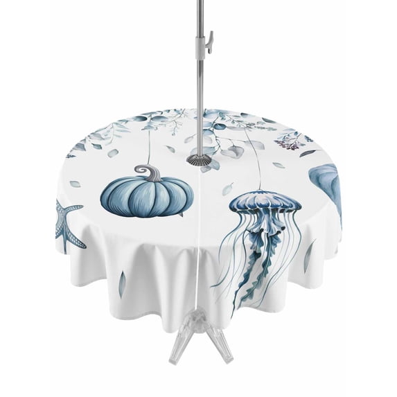Outdoor Tablecloth with Umbrella Hole and Zipper, Thanksgiving Coastal Round Table Cloth 60 Inch Waterproof Tablecloth, Blue Eucalyptus Pumpkin Starfish Picnic Table Cover for Patio Camping
