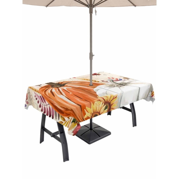 Outdoor Tablecloth with Umbrella Hole and Zipper, Thanksgiving Fall Rectangle Table Cloth 52x70 Inch Waterproof Tablecloth, Farmhouse Pumpkin Autumn Leaves Picnic Table Cover for Patio Camping