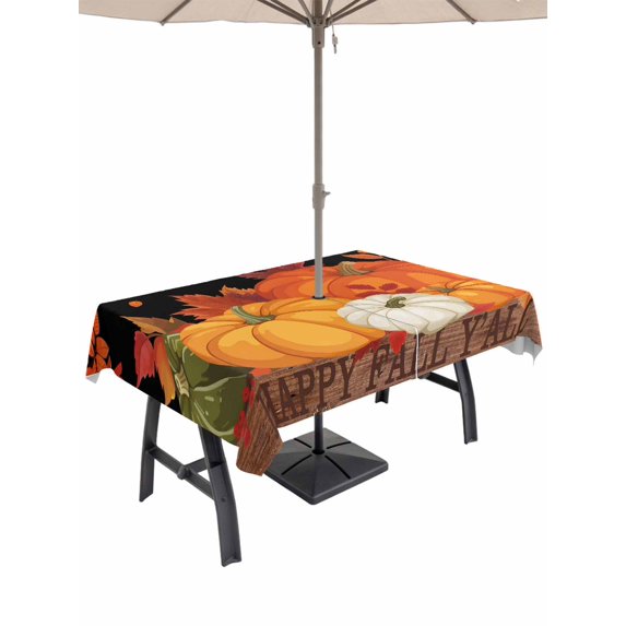 Outdoor Tablecloth with Umbrella Hole and Zipper, Thanksgiving Fall Rectangle Table Cloth 54x80 Inch Waterproof Tablecloth, Farmhouse Orange Green Pumpkin Leaves Picnic Table Cover for Patio Camping