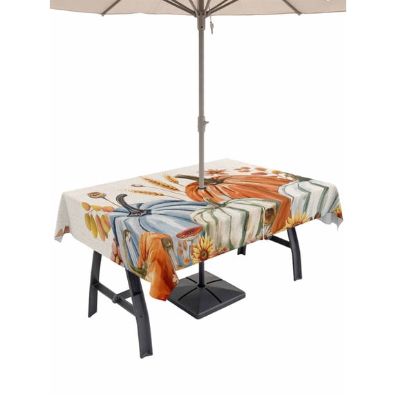 Outdoor Tablecloth with Umbrella Hole and Zipper, Thanksgiving Fall Rectangle Table Cloth 60x120 Inch Waterproof Tablecloth, Vintage Orange Blue Pumpkin Leaves Picnic Table Cover for Patio Camping