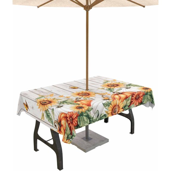 Outdoor Tablecloth with Umbrella Hole & Zipper, Thanksgiving Fall Rectangle Tablecloth 60x84 Inch, Orange White Pumpkin Sunflowers Wooden Patio Table Cover Waterproof Table Cloth for Picnic