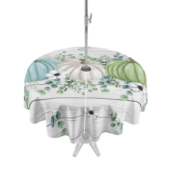 Outdoor Tablecloth with Umbrella Hole and Zipper, Thanksgiving Fall Round Table Cloth 60 Inch Waterproof Tablecloth, Blue Green White Pumpkin Eucalyptus Picnic Table Cover for Patio Camping