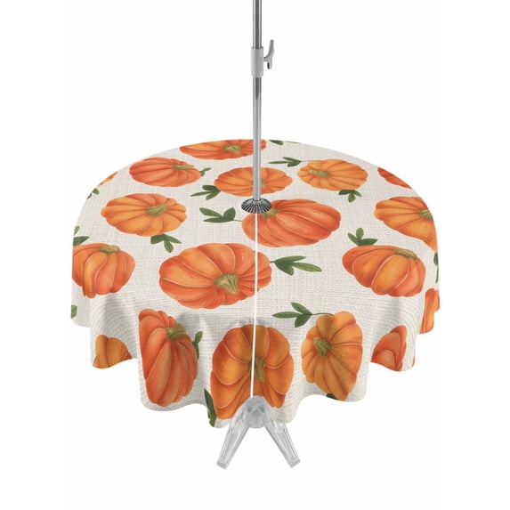 Outdoor Tablecloth with Umbrella Hole and Zipper, Thanksgiving Fall Round Table Cloth 60 Inch Waterproof Tablecloth, Farmhouse Autumn Orange Pumpkin Picnic Table Cover for Patio Camping