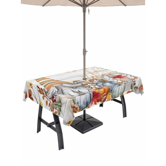 Outdoor Tablecloth with Umbrella Hole and Zipper, Thanksgiving Gnomes Rectangle Table Cloth 60x102 Inch Waterproof Tablecloth, Pumpkin Eucalyptus Leaves Wooden Picnic Table Cover for Patio Camping