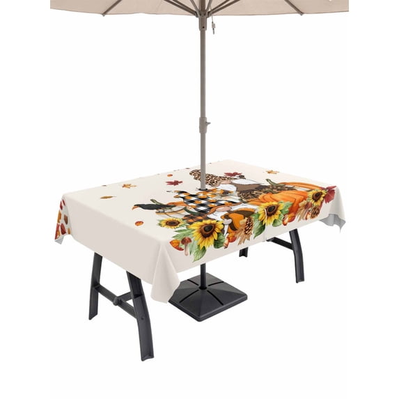 Outdoor Tablecloth with Umbrella Hole and Zipper, Thanksgiving Gnomes Rectangle Table Cloth 60x84 Inch Waterproof Tablecloth, Fall Harvest Pumpkins Botanical Picnic Table Cover for Patio Camping