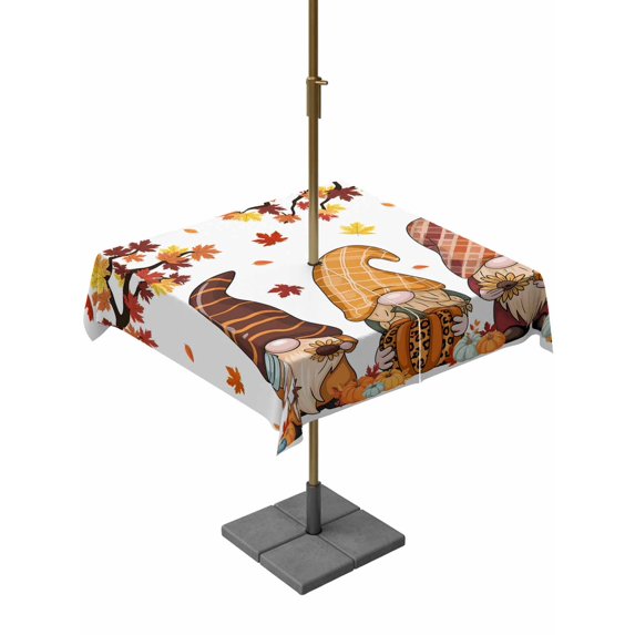 Outdoor Tablecloth with Umbrella Hole and Zipper, Thanksgiving Gnomes Square Table Cloth 54x54 Inch Waterproof Tablecloth, Fallen Maple Leaf Pumpkin Sunflower Picnic Table Cover for Patio Camping