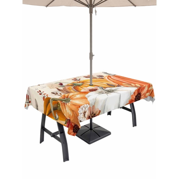 Outdoor Tablecloth with Umbrella Hole and Zipper, Thanksgiving Orange Fall Rectangle Table Cloth 52x70 Inch Waterproof Tablecloth, Weeping Floral Botanical Vintage Picnic Table Cover for Patio