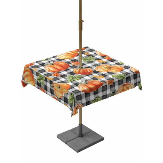 Outdoor Tablecloth with Umbrella Hole and Zipper, Thanksgiving Orange Pumpkin Square Table Cloth 54x54 Inch Waterproof Tablecloth, Fall Autumn Leaves Farmhouse Check Picnic Table Cover for Patio