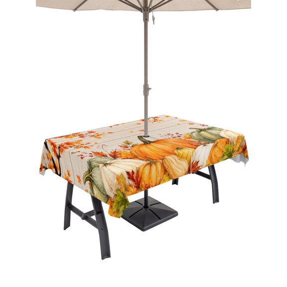 Outdoor Tablecloth with Umbrella Hole and Zipper, Thanksgiving Pumpkin Maple Leaf Rectangle Waterproof Table Cover 60x84in Washable Table Cloth for Patio Picnic Party Fall Orange Plant Wood Board